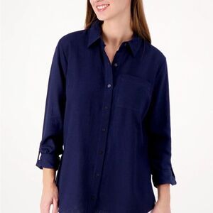 Women's Susan Graver Linen Blend Navy Button-Up Shirt Sz Large Petite